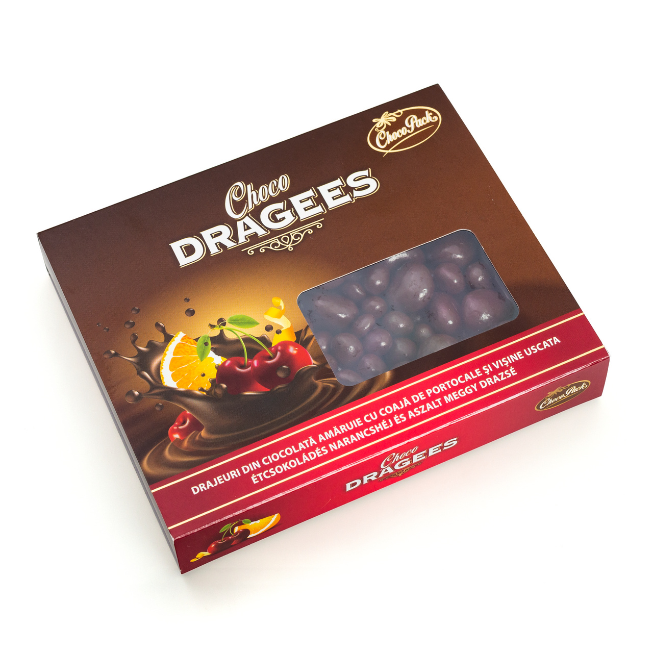 Drajeuri din ciocolată amăruie și lapte umplute cu pălincă de prune și caise, 150 g