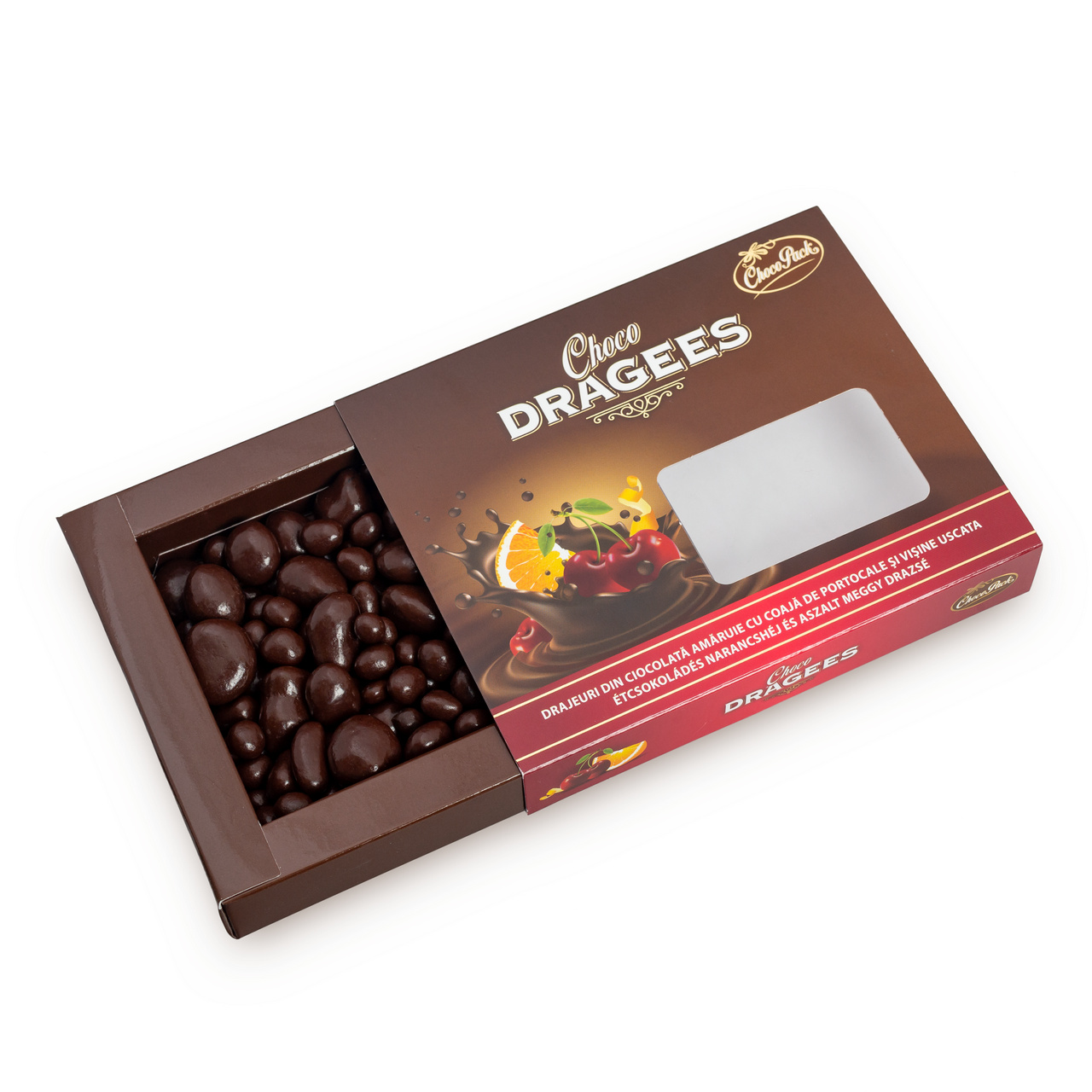 Drajeuri din ciocolată amăruie și lapte umplute cu pălincă de prune și caise, 150 g