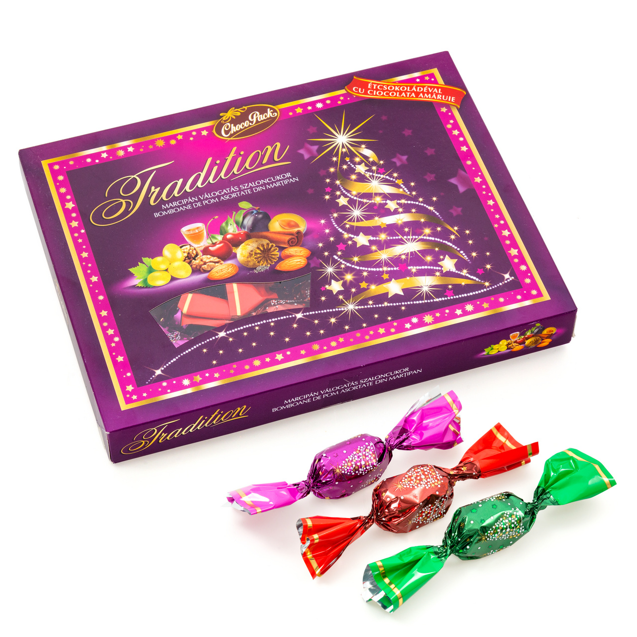 Bomboane de pom "Tradition" din ciocolată amăruie și lapte, umplute cu cremă mixtă, 250 g