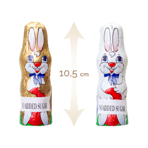Set 21 figurine iepurași din ciocolată lapte, fără zahăr adăugat, cu eritritol, 10,5 cm, 25 g