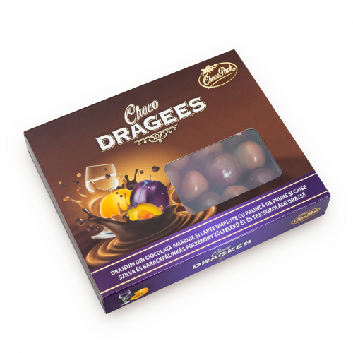 Drajeuri din ciocolată amăruie și lapte umplute cu pălincă de prune și caise, 150 g