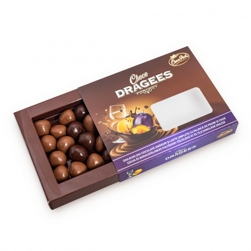 Drajeuri din ciocolată amăruie și lapte umplute cu pălincă de prune și caise, 150 g