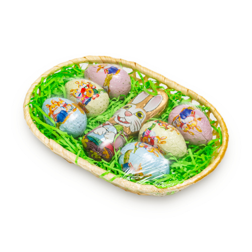 Coșuleț de Paște cu figurine din masă de cacao, 170 g :: Natur