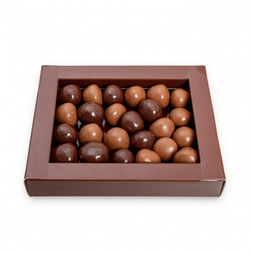 Drajeuri din ciocolată amăruie și lapte umplute cu pălincă de prune și caise, 150 g