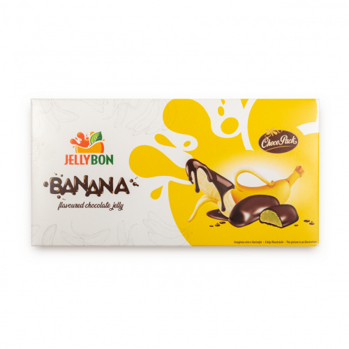 Jeleu Jellybon cu gust de banană, învelit în ciocolată, 210 g