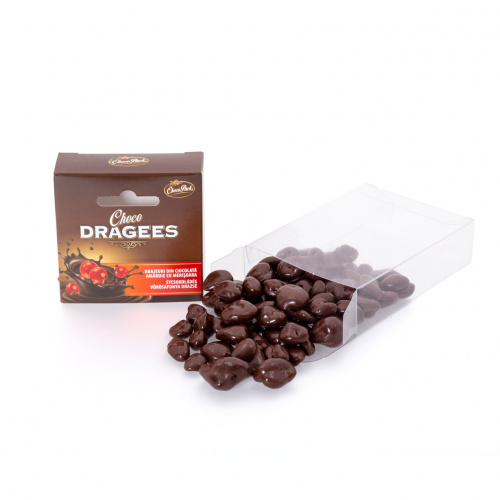 Drajeuri din ciocolată amăruie, cu merișoare, 100 g