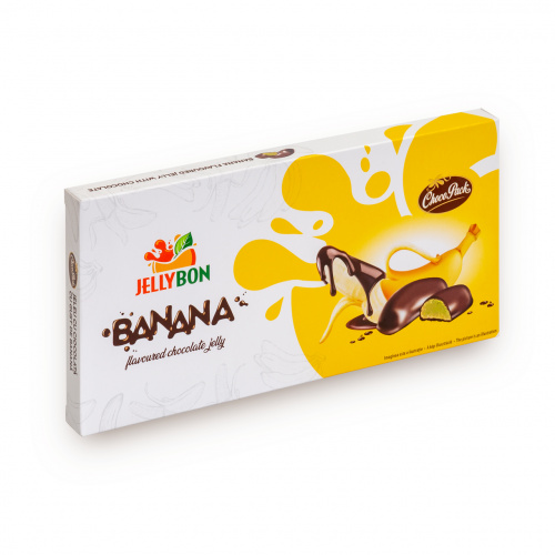 Jeleu Jellybon cu gust de banană, învelit în ciocolată, 210 g
