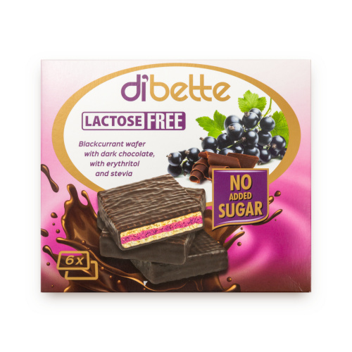 Napolitane Dibette cu eritritol și stevia, fără lactoză – cu cremă de coacăze negre, 6 × 16 g