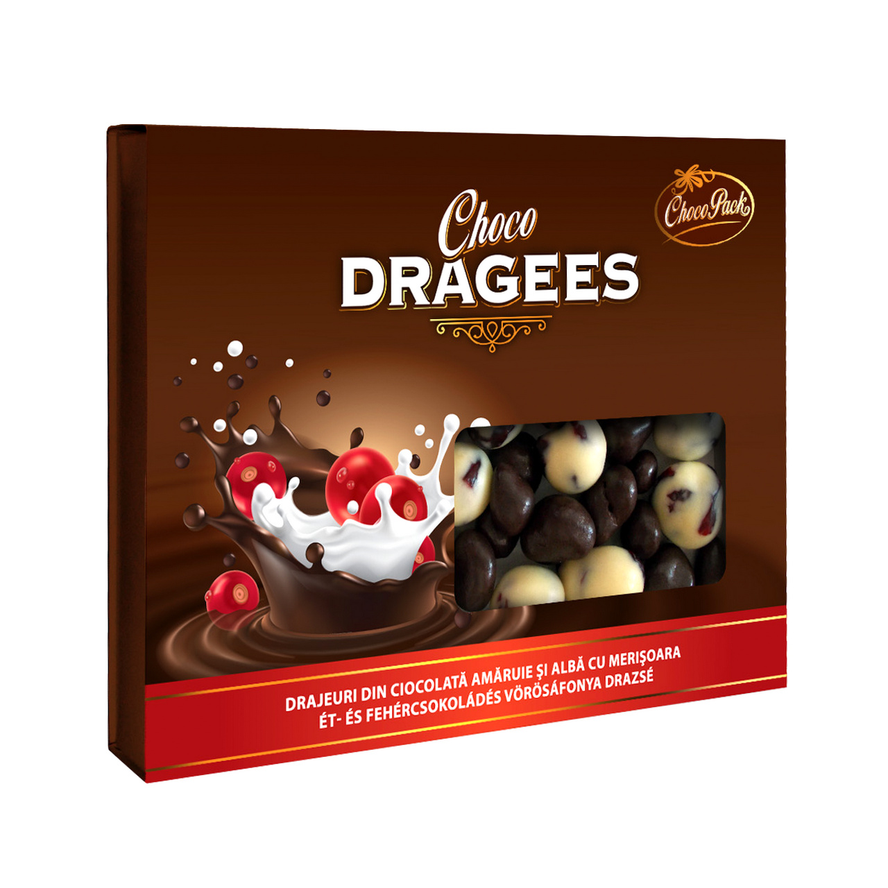 Drajeuri din ciocolată amăruie și albă, cu merișoare, 150 g