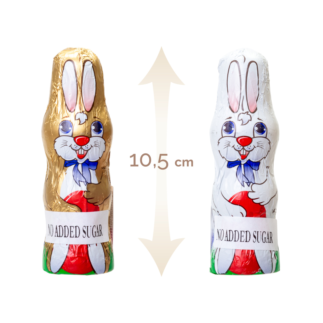 Set 21 figurine iepurași din ciocolată lapte, fără zahăr adăugat, cu eritritol, 10,5 cm, 25 g