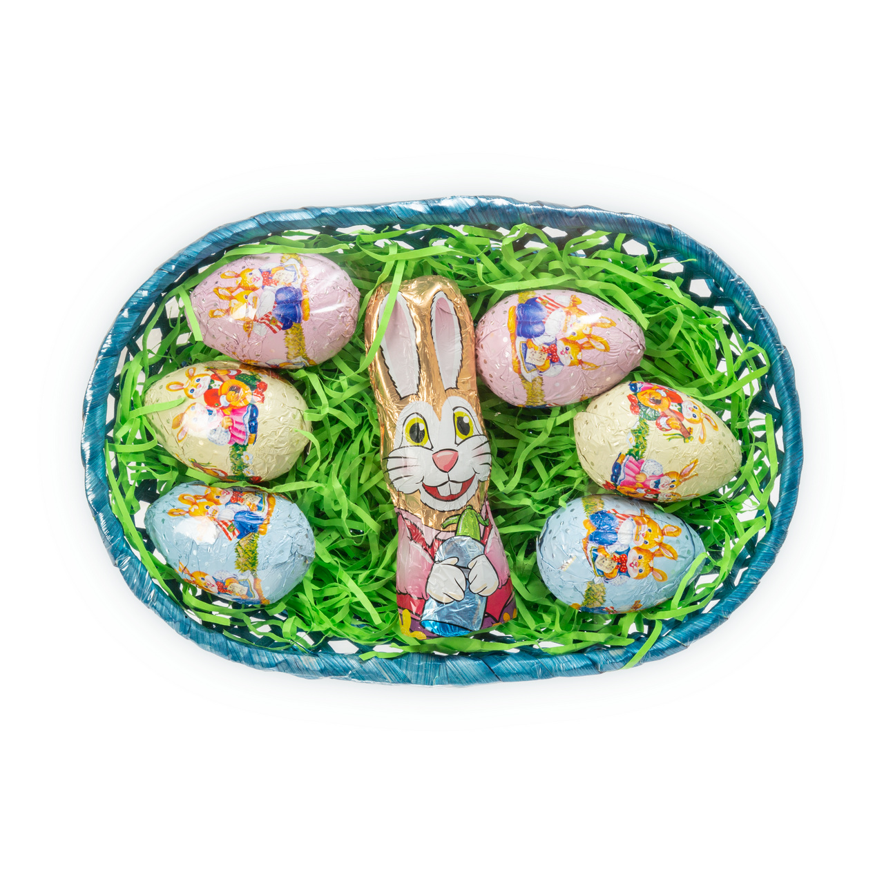 Coșuleț de Paște cu figurine din masă de cacao, 170 g :: Albastru