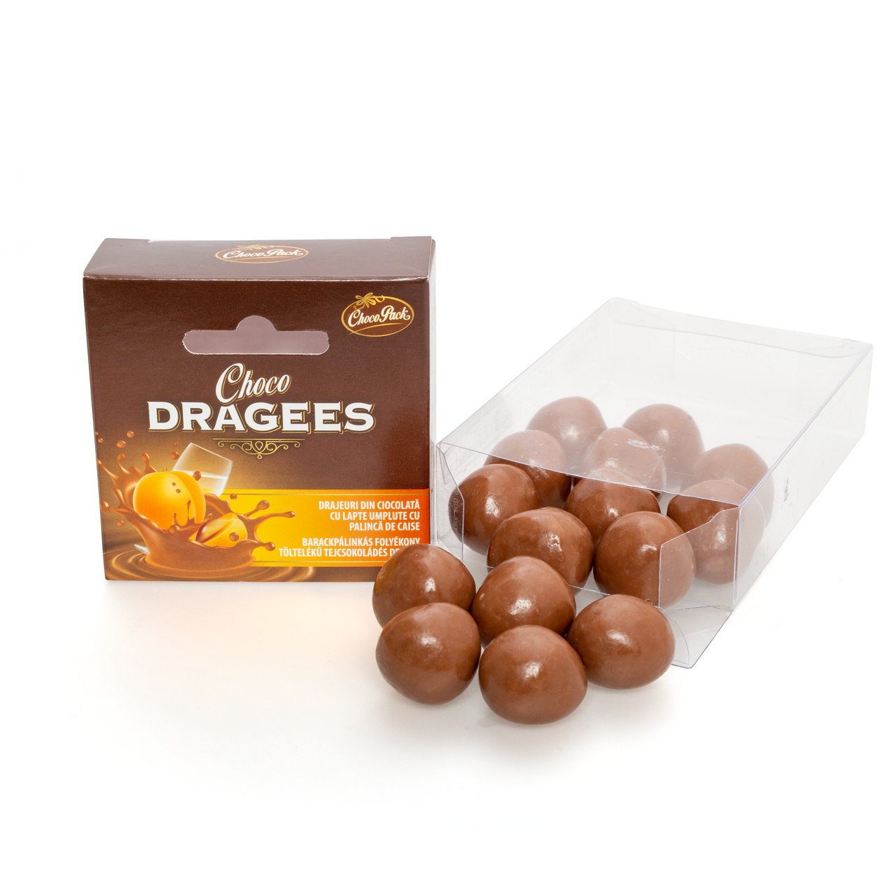 Drajeuri din ciocolată cu lapte umplute cu pălincă de caise, 100 g