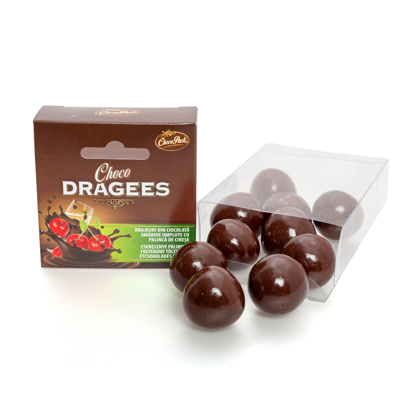 Drajeuri din ciocolată amăruie umplute cu pălincă de cireșe, 100 g