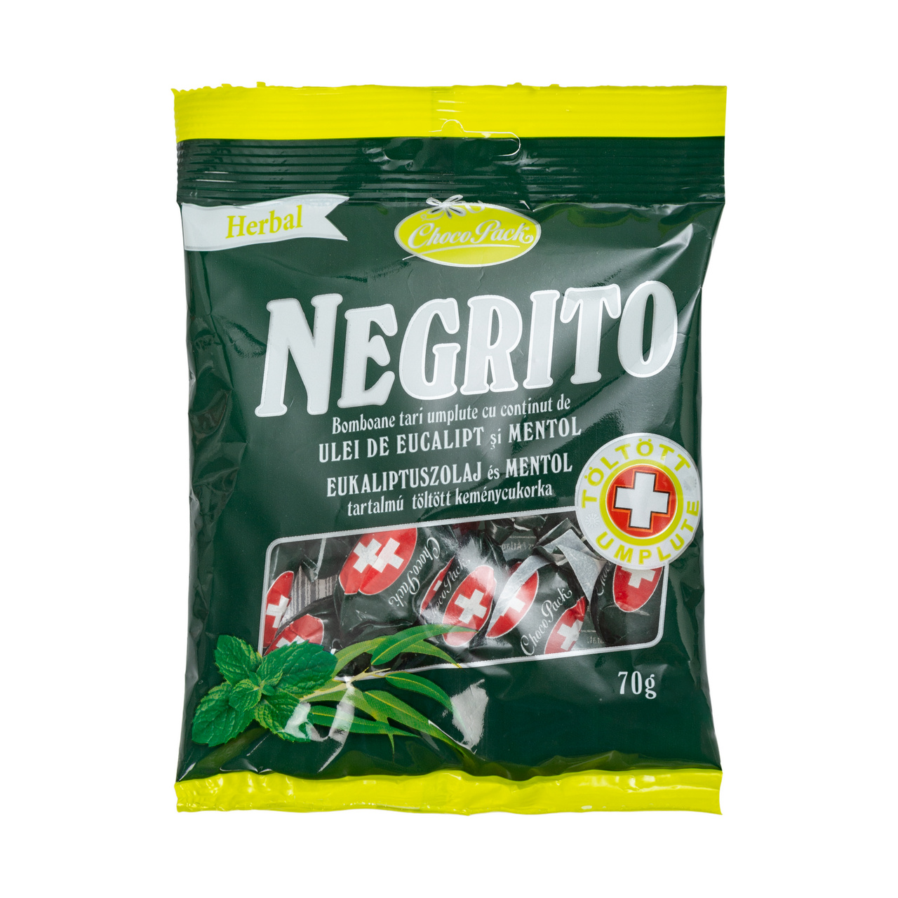 Negrito – Bomboane tari, umplute, cu extract de ulei de eucalipt și mentol, 70 g