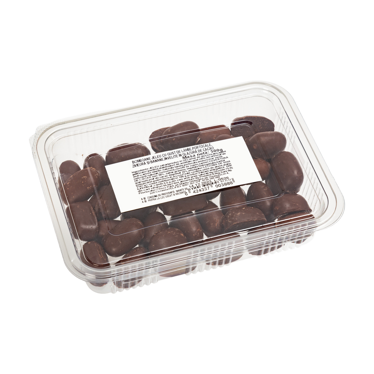 Bomboane jeleu cu gust de lămâie, portocale, zmeură și banane, învelite în glazură de cacao, 500 g