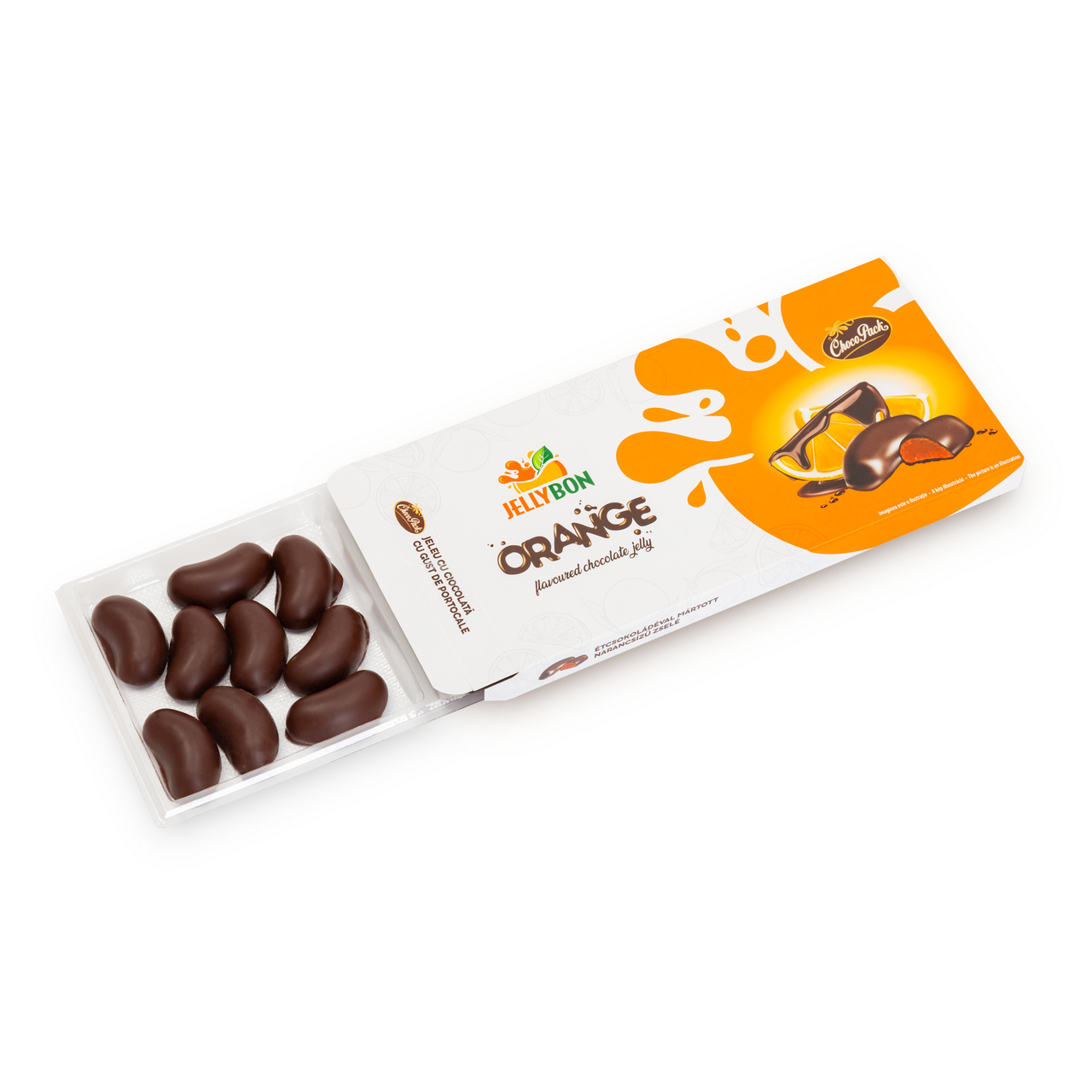 Jeleu Jellybon cu gust de portocale, învelit în ciocolată, 210 g