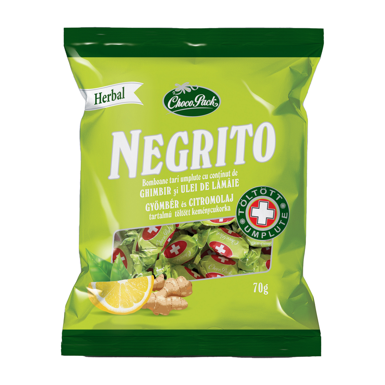Negrito – Bomboane tari, umplute, cu conținut de ghimbir și ulei de lămâie, 70 g