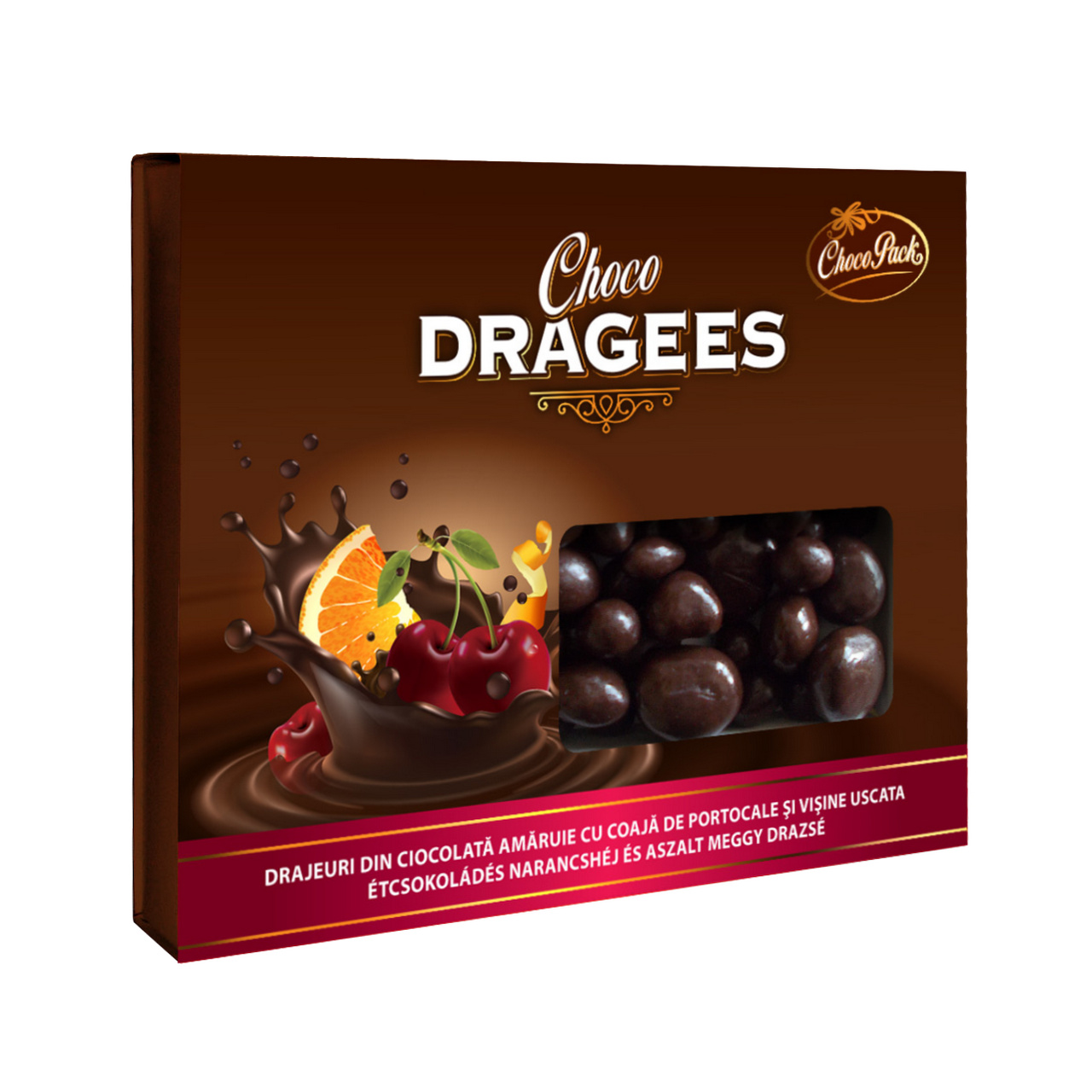 Drajeuri din ciocolată amăruie cu coajă de portocale și vișine uscată, 150 g