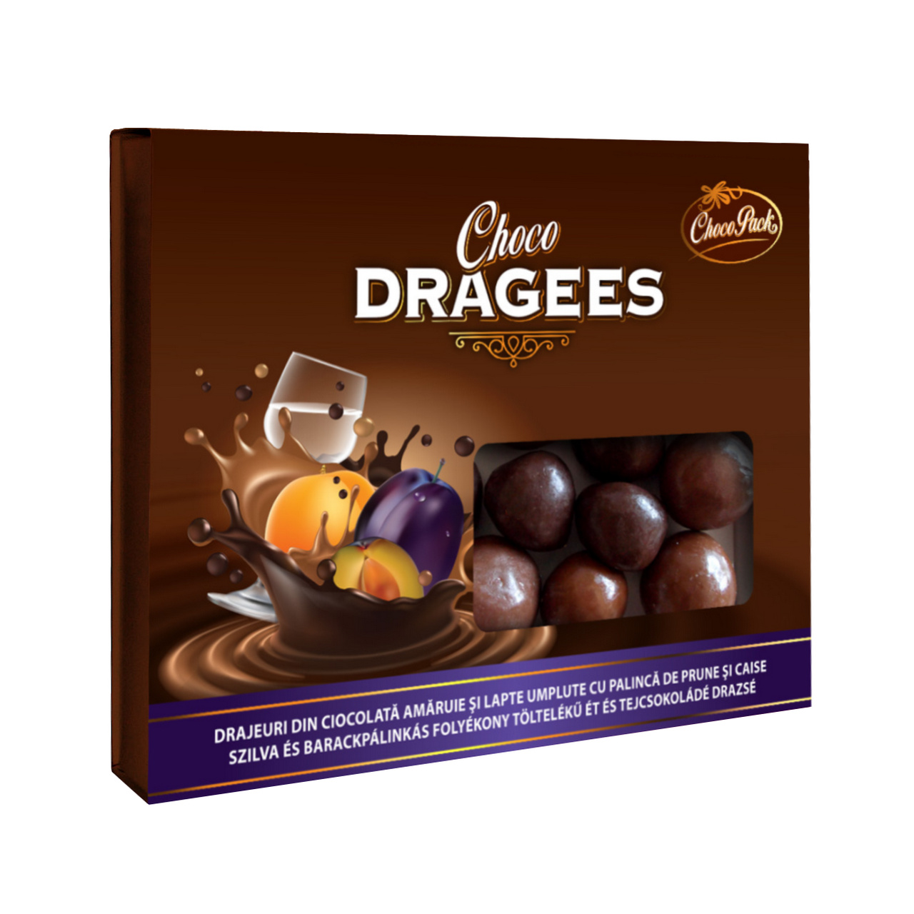 Drajeuri din ciocolată amăruie și lapte umplute cu pălincă de prune și caise, 150 g