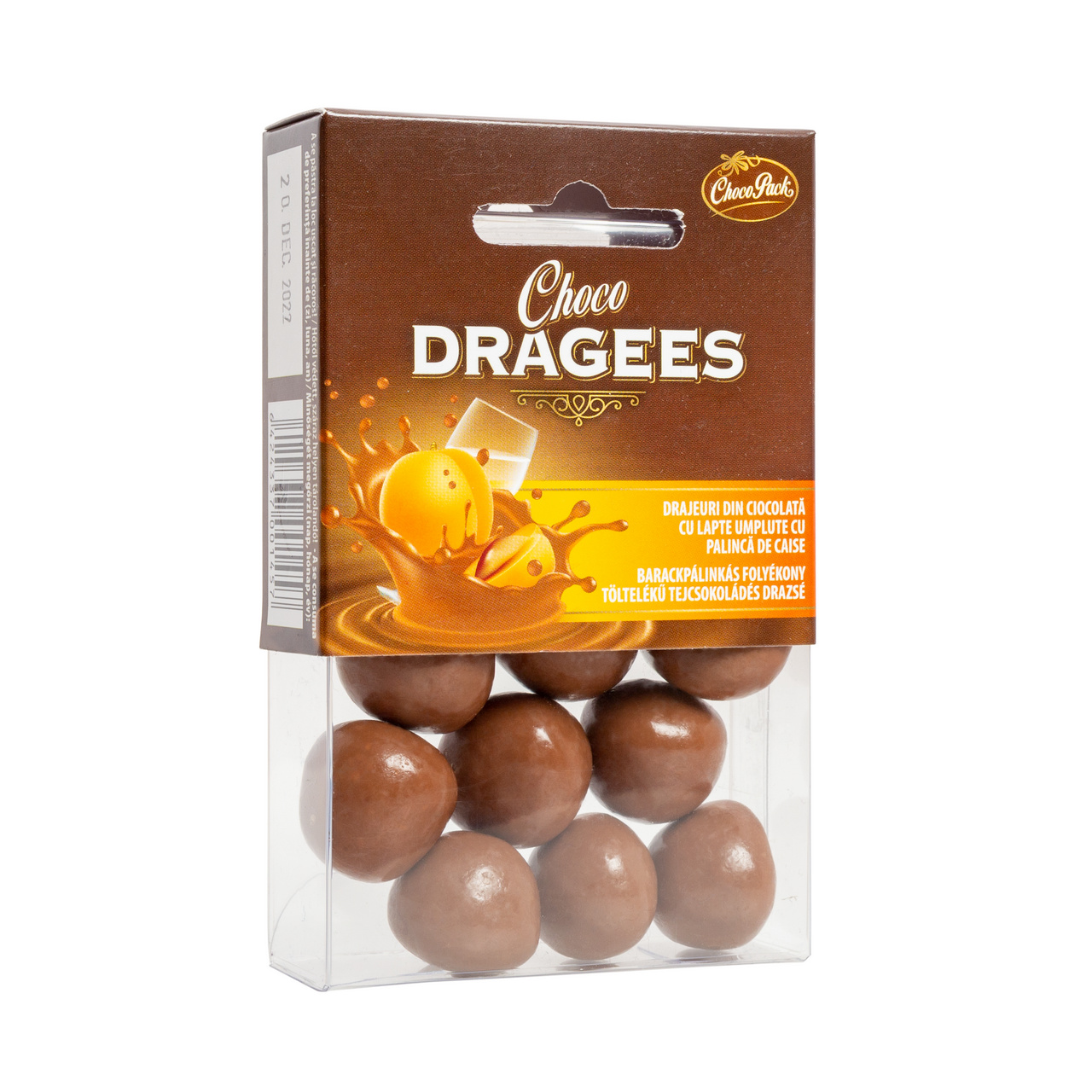Drajeuri din ciocolată cu lapte umplute cu pălincă de caise, 100 g