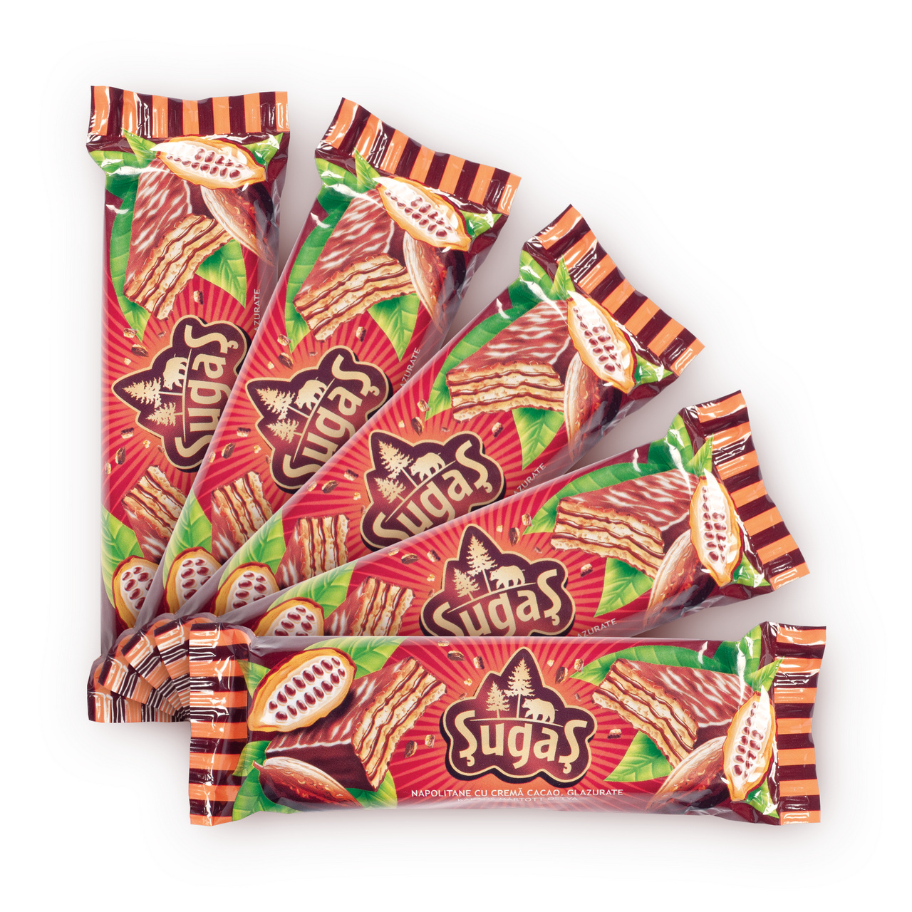 Napolitane cu cremă de cacao, învelită în glazură de cacao. Pachet de 5 buc., 5 × 25 g