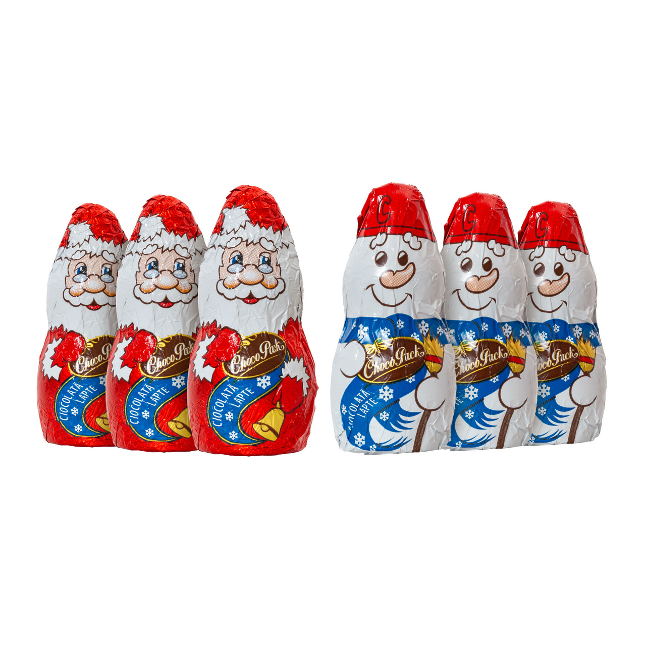 Set 6 figurine din ciocolată lapte – Moș Crăciun și om de zăpadă, 6 cm, 10 g