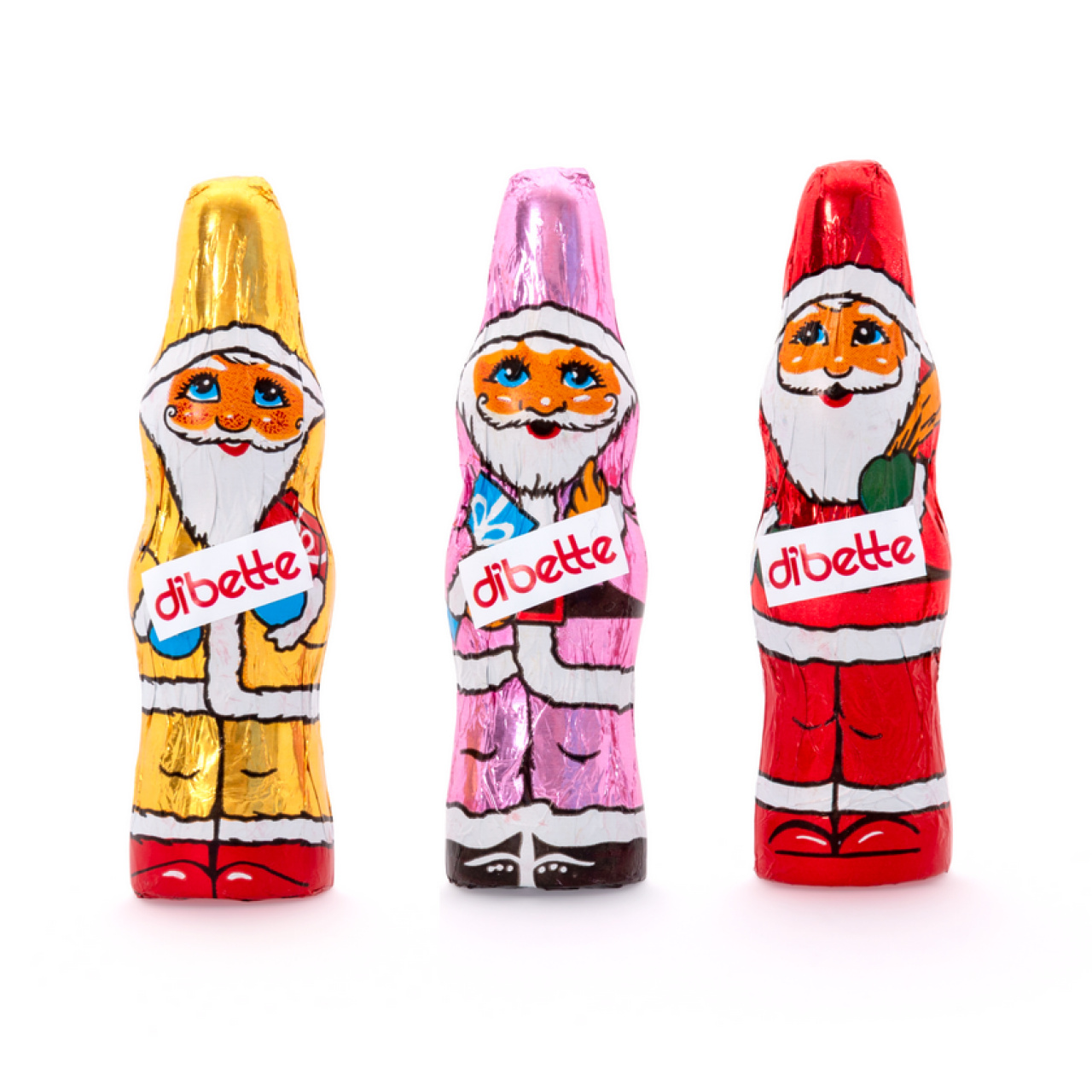 Set 3 figurine Moș Crăciun Dibette, din ciocolată lapte, cu fructoză, 10,5 cm, 18 g