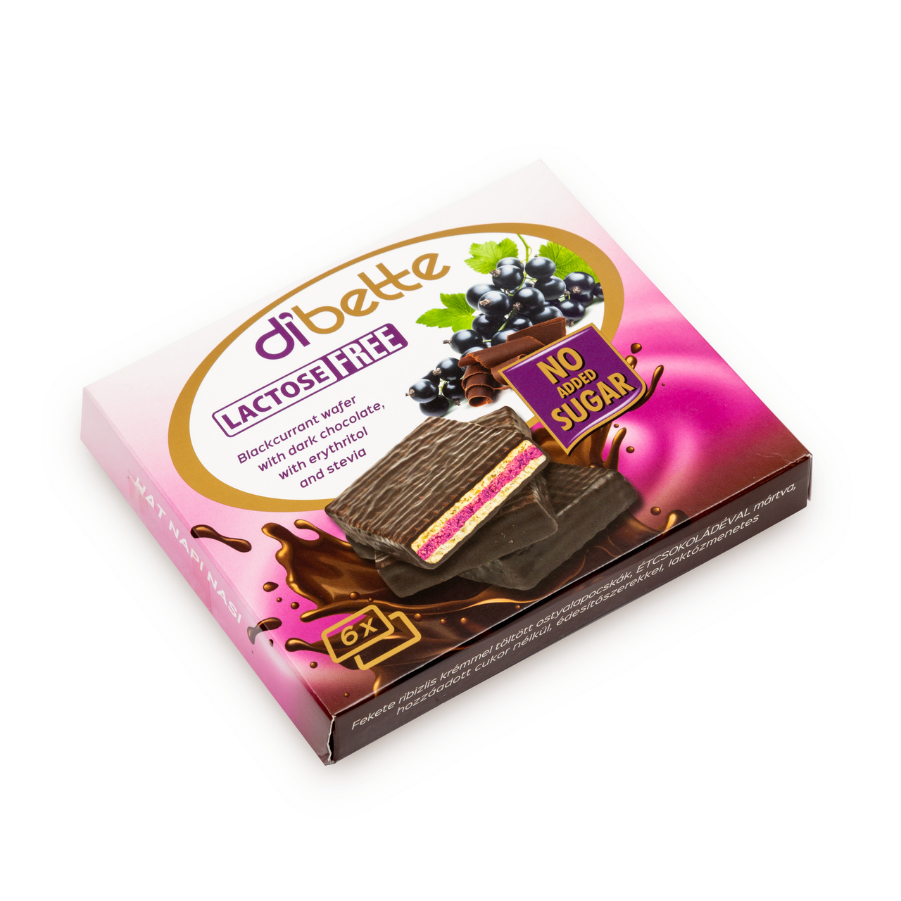 Napolitane Dibette cu eritritol și stevia, fără lactoză – cu cremă de coacăze negre, 6 × 16 g